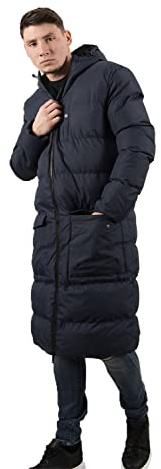 Vadderad parkas för män, lång vinterrock med huva, varm och mysig lång jacka kappa, Marinblått Xsp, L