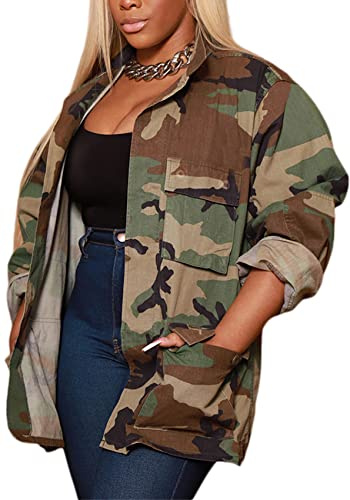 Voghtic Women Casual Camo Jacket Army Print BF Overcoat Long Sleeve Open Front Blazer with Pockets