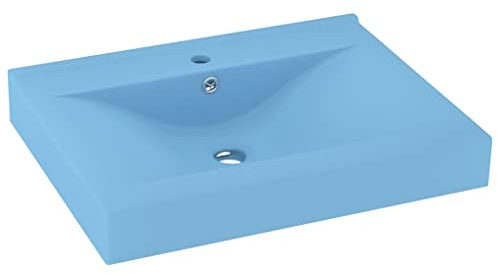 Waschbecken Rechteckig 60 x 46 cm Keramik Waschtisch Waschplatz Handwaschbecken Aufsatzwaschbecken Waschschale Aufsatzwaschtisch mit Hahnloch und Überlauf, Matt-Hellblau