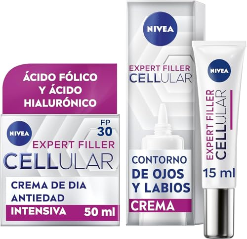 NIVEA Cellular Expert Filler - Set Crema de Día FP30 50 ml y Contorno de Ojos y Labios 15 ml - Antiarrugas - Efecto Rellenador 24h - Antiedad - Con Ácido Hialurónico y Ácido Fólico - Todo Tipo de Piel