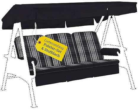 KETTtex EXKLUSIV Hollywoodschaukel Auflage Anthrazit-Beige-kariert 56/64x180x8cm I Schaukelauflage UV-beständig mit Dach I Atmungsaktive Schaukel-Auflage I Dessin 2428