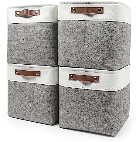 Bagnizer 13x13 Cube Storage Bins, Collapsible Fabric Storage Box, 4 Pack Closet Baskets with Handles for Organizing, Shelf, Toys, Clothes, Home, Office, Nursery (Grey&White)