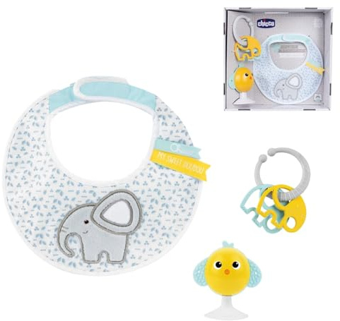 Set Regalo Mi Primera Comida, Set Compuesto por Babero, Juego para Trona con Ventosa en Forma de Simpático Pollito, con Dos Sonajeros Coloridos, Fácil de Agarrar 6 Meses+
