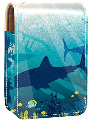 Blaue Koralle Hai Lipgloss Halter Lippenstift Etui Tragbare Mini Lippenstift Aufbewahrungsbox Reise Lippenstift Organizer Case mit Spiegel für Frauen, Mehrfarbig, 9.5x2x7 cm/3.7x0.8x2.7 in