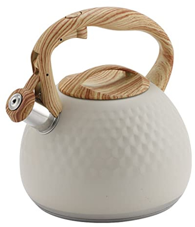 Bouilloire à thé sifflante blanche en acier inoxydable avec poignée anti-chaleur en bois 3 litres