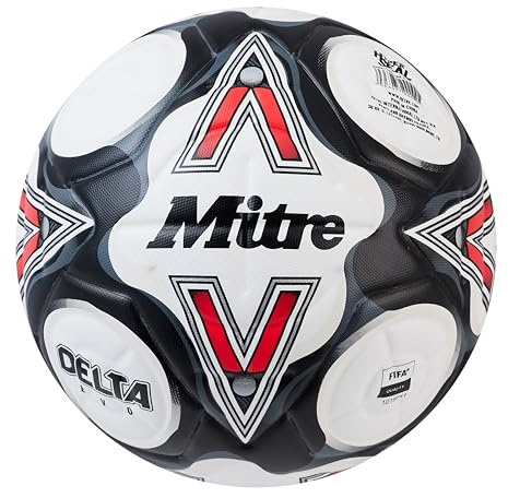 Mitre Delta Football | Mycket hållbar | Förbättrad noggrannhet och konsekvens, vit/svart/haklapp röd, 5