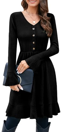 ULTRANICE Abito in Maglia Abito Maglione da Donna con Scollo a V con Bottoni Decorativi Abiti Autunno Inverno