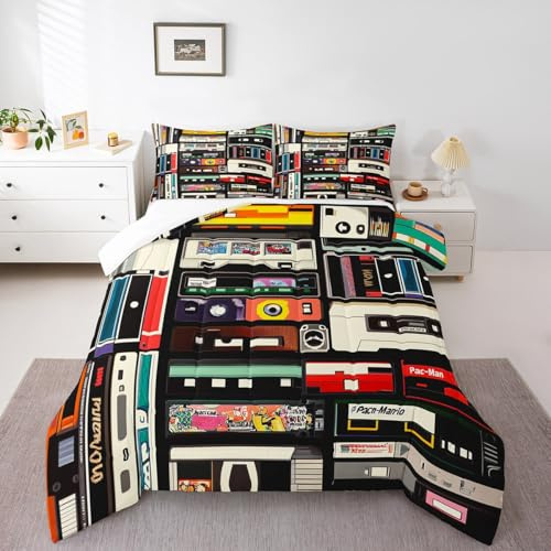 Vintage Cassette Comforter Set Full Size, Music Record Player Bedding Set for Boys Girls Colorful Audio Cassette Comforter Retro Audio Duvet Set Microfiber Bed Set