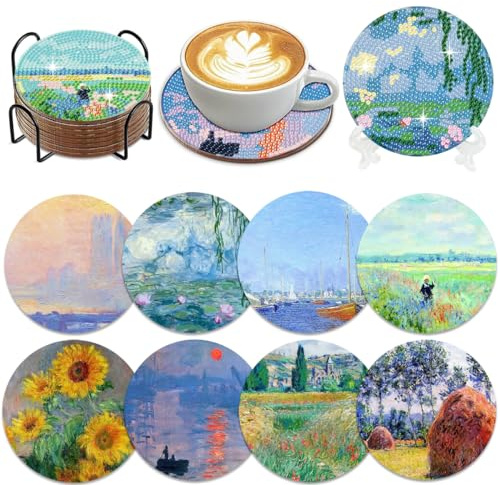 Muzagroo Art Diamant-Malerei-Untersetzer-Set mit Halter, Monet, Kunst-Sets für Anfänger, stressreduzierendes Handwerk, Malen von Diamant, 8 Stück Untersetzer Art (Monet)