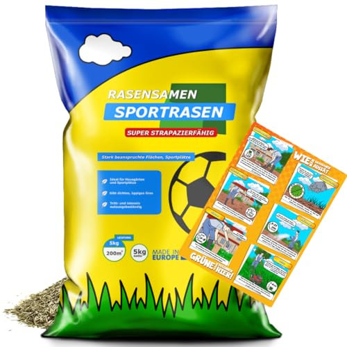 Rasensamen 5kg Sport und Spiel extra robust - schnellkeimend saatgut für 200m² - Rasensaat Sportrasen & Spielrasen - Grassamen für Neuansaat und Nachsaat - Rasen Frühjahr