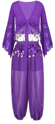 Freebily Damen Bauchtanz Kostüm Indische Tanzkleider Puffärmel Münzen Bauchtanz Oberteile Pluderhosen Rock Belly Dance Outfit Violett_A XXL