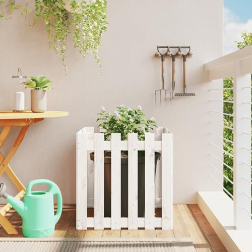 ShCuShan Pflanzkübel Lattenzaun-Design Weiß 60x60x60cm Massivholz Kiefer Balkon pflanzkasten blumenkästen