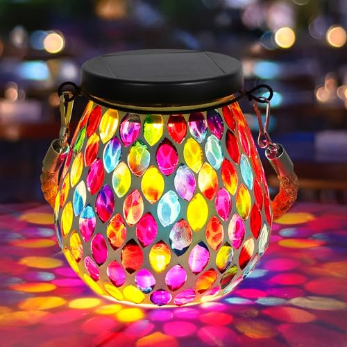 Mosaic Solar Lanterns Lights Outdoor: IP65 Outdoor Waterproof Hanging Tabletop Decorative Table Lamps for Patio Porch Lawn Garden Yard, 2 LED Warm White and RGB - Red Drops