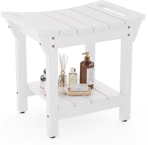 LAHAAP Waterproof Shower Bench, Poly Lumber Shower Stool for Shaving Legs, Shower Chair Seat with Storage Shelf and Handles, Bathroom Bench for Inside Shower, Non-Slip