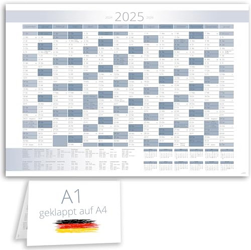 XXL Jahreskalender 2025 + Januar 2026 Jahresplaner in A1 im schlichtem blau weißen Design mit Ferien und Feiertagen Wandkalender Wandplaner Kalender Planer gefaltet gefalzt
