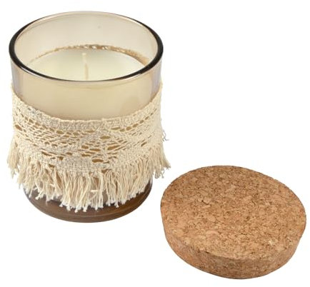 Homéa, Bougie Verrine Macrame Couvercle Liege D7 x 8 cm Parfum Romance Florale