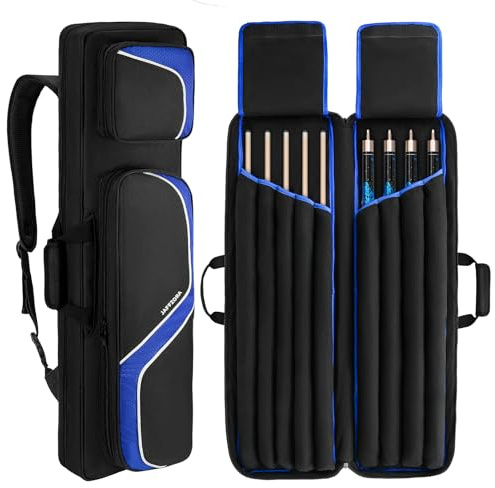 Jaffzora Pool Cue Case 4x5, Billiard Cue Carrying Case Holds 4 Butts and 5 Shafts, Pool Stick Bag with 14Pockets and Shoulder Straps, Black (Bag Only)