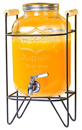 Distributore d'acqua, distributore bevande a botte con supporto, distributore bevande in barattolo vetro con rubinetto e coperchio in acciaio inossidabile, distributore limonata picnic in negozio f