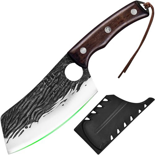 FULLHI 2pcs Coltello da macellaio con fodero, coltello da cuoco serbo Tang, coltello da verdure con mannaia in acciaio al carbonio per esterno, campeggio (Marrone, Coltello da cuoco asiatico)