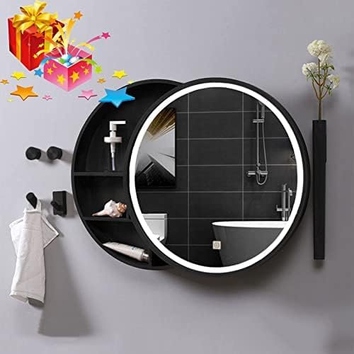 Espejo de Baño Botiquín con luces, espejo de almacenamiento para baño con luz LED, espejo de tocador deslizante redondo montado en la pared (tamaño: gabinete con espejo de 60 cm, color: color nogal)