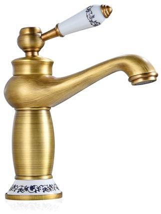 MocArt 60102 Retro Mischer Wasserhahn, Badezimmer-Waschtischarmatur, Warm und Kaltwasserhahn, Keramik Ventilkern, Blau-weißer Porzellangriff, Wassereinsparung und Umweltschutz (antike Farbe)