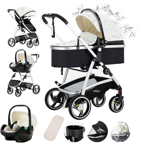 Gcarebb Cochecito de cuero 3 en 1, cochecitos de ciudad con asiento de coche, cochecito plegable portátil con un solo clic, marco de aluminio alto, cochecitos combinados para 0-4 años