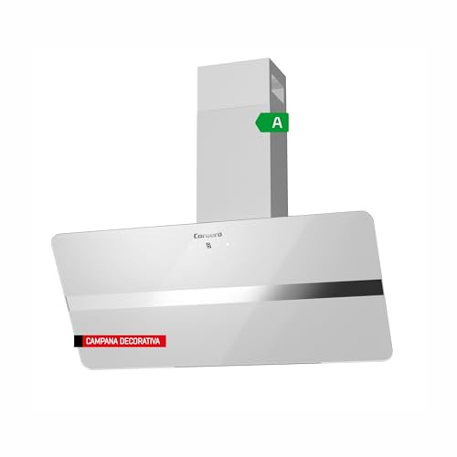 Corberó - Campana Decorativa VICTORIA960W, Cristal Blanco 90 cm, 165W, 3 Velocidades, Control Touch, Caudal 594,2 m3/h, Color Vidrio Templado, 1 X Filtro de Aluminio, Filtro Carbón, E.Energética A