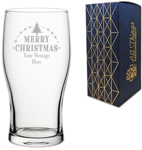 Personalised Engraved Novelty Christmas Pint 20oz Tulip Beer Glass with Merry Christmas Tree Design, Customise with Any Name or Message, Gift Box Included, Laser Engraved