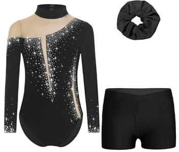 Alvivi Mädchen Turnanzug Glitzer Gymnastikanzug Langarm Gymnastik Leotard mit Kurze Hose Haarband Gymnastikbody Turntrikot Gymnastik Kleidung
