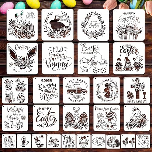 JSRQT 28 Pezzi Stencil per Pittura Pasquale per Artigianato, Stencil Riutilizzabili in Plastica, Coniglietto Fiori Stencils Dimensioni Miste Disegno Pittura Kit per Tela, Biglietti, Pareti Casa Feste