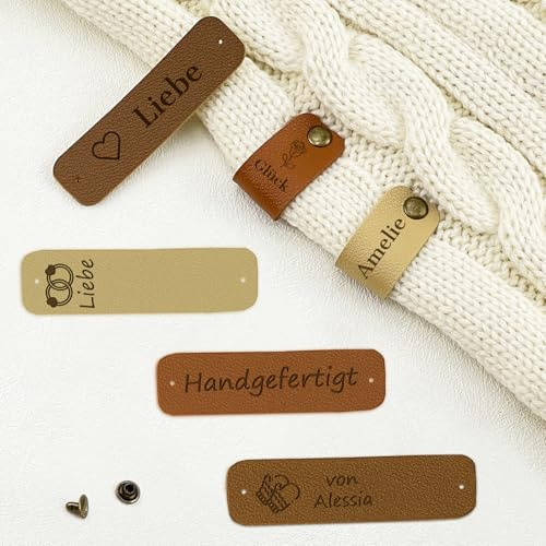 BEXOA 10 Stück Personalisiert Handmade Label Zum Annähen mit Nieten | Benutzerdefinierte Etiketten, Für Stricken Häkeln, Kunstleder, Für Gestrickte Mützen Schals Handschuhe, 0,7 x 2,6 Zoll
