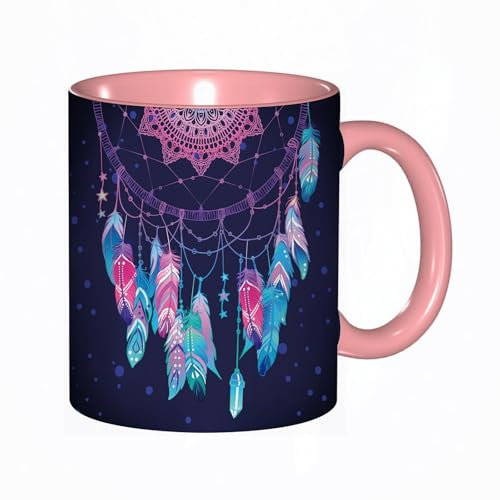 EKLMPS Becher aus Keramik, Ideal als Geschenk, Hochwertiger Aufdruck, Tasse mit Motiv, Tee Becher, Coffee Cup, 330ml,Handgezeichneter Talisman-Traumfänger der amerikanischen Ureinwohner mit Federn. Hi