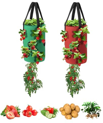 SouilGoal Upside Down Tomaten-Pflanzgefäß, hängend, Erdbeer-Pflanzgefäß, langlebige Belüftung, Stoff-Pflanzbeutel für Gemüse, 2 Stück, Rot und Grün