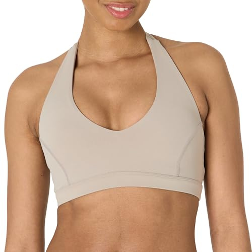Amazon Essentials Sujetador Deportivo FormFlex, Suave y Ligero, Halter con Cuello en V Mujer, Gris Topo, S