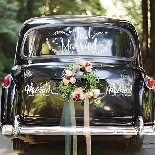 'Just Married' vinyl bildekaler, 3 st snygg 'Just Married' kärlek skylt bröllop bil dekoration fordon kropp sidospegel fönster glas klistermärke avtagbara dekaler väggklistermärken för smekmånad