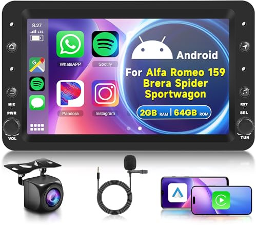 2G+64G Wireless Carplay Android Autoradio 2 Din für Alfa Romeo 159 2004-2011 Brera Spider Sportwagon 7 Zoll Autoradio mit Android Auto Navi GPS WiFi Mirror Link Bluetooth FM/RDS EQ/SWC Rückfahrkamera
