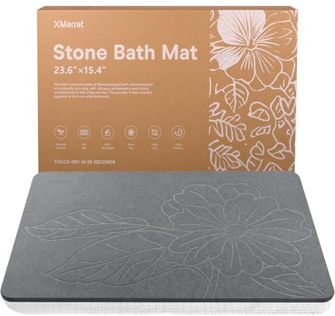 XMarrat Stone Bath Mat Large, 23.6'' x 15.4'' Diatomaceous Earth Non-Slip Stone Shower Mat, Super Absorbent Diatomite Stone Mats for Bathroom, Quick Drying, Easy to Clean (Dark Gray)