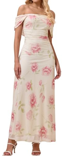 KUTUMAI Women Floral Off Shoulder Maxi Dress Summer Ruched Bodycon Long Formal Wedding Guest Dresses 2026 Pink L