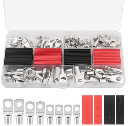 Yuhtech Tinned Copper Terminals, 70 PCS Copper Ring Lugs with 70 PCS Heat Shrink Tubing Kit, Bolt Hole Terminals Set, Battery Cable Ends Wire