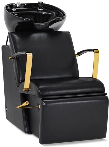BarberPub Friseurstuhl mit Waschbecken, Klappbare Beinstütze, Friseurwaschbecken aus Keramik Verstellbar, Friseurwaschsessel für SPA Salon, Friseur Waschplatz 8670 (Schwarz-Gold/Kunstleder)