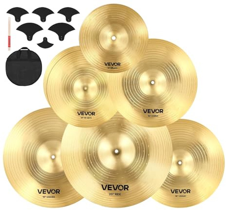VEVOR Cymbal Pack, 6 Pieces Cymbals for Drum Set, Alloy Cymbals Drum Set Includes 14-inch Hi-Hats, 16-inch Crash, 18-inch Crash, 20-inch Ride, 10-inch Splash, 16-inch China, Drumsticks & Cymbal Bag