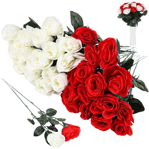 wkao Rose artificiali rosse e bianche, set da 36 pezzi per bouquet da sposa, 16,5 composizioni floreali in seta per tavolo e decorazione della casa