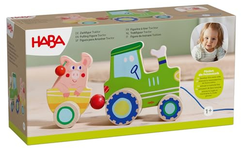 HABA Ziehfigur Traktor mit Schweinchen – Nachziehspielzeug für Kinder ab 12 Monaten – Fördert Motorik & Gleichgewicht – 2012264001