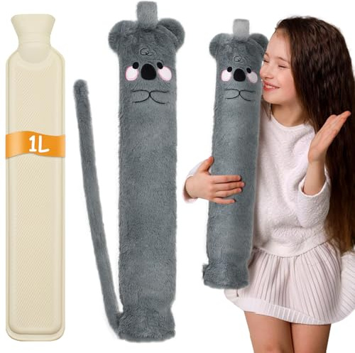 Cyiecw Cartoon Plüsch Wärmeflasche Lang, 1 Liter Kinder Wärmflasche mit weichem Bezug, 57 x 10cm Kleine Kapazität Schlauch Wärmflasche Tier für Schulter, Nacken und Bauch (Koala)