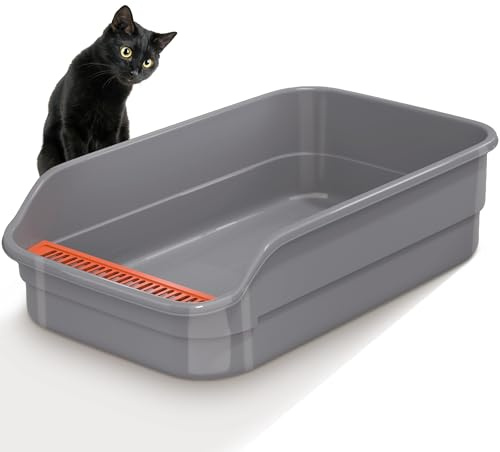 Vealind Large Cat Litter Tray High Sided and Low Entry Cat Litter Box 60 x 40 x 16 CM Easy Access Leak Proof Anti Splash Kitten Litter Trays (Grey)