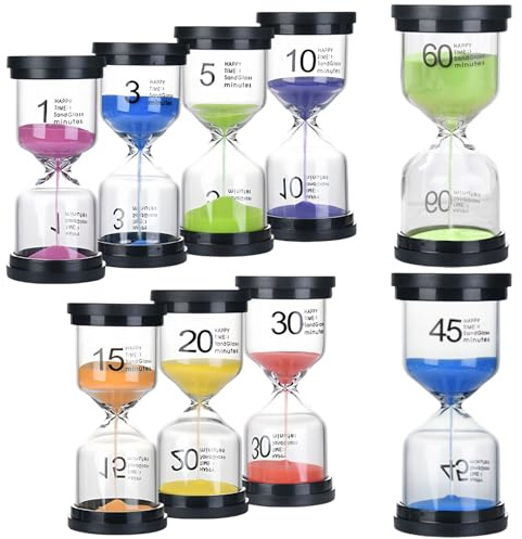 Set da 9 Pezzi Clessidra Bambini Grandi Clessidre in Vetro Colorato, 1/3/5/10/15/20/30/45/60 Minuti,Adatti All'apprendimento,ai Giochi,Alla Cucina,ai Regali Creativi,Alla Decorazione Della Casa