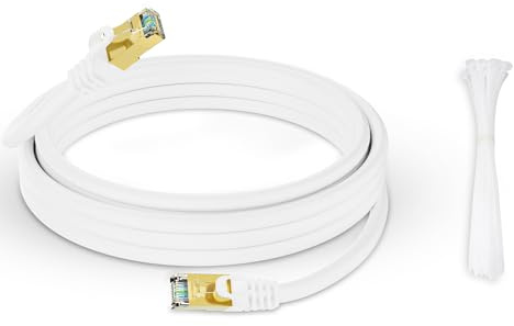 Werkybay Cavo Ethernet Cat 7 da 15m, 10 Gbps 600MHz (Cavo di LAN Rete/Internet ad Alta Velocità,S/FTP) Cavi Patch RJ45/Bianco Impermeabile, per Router, Modem,PC, Server ecc. +25 fascette