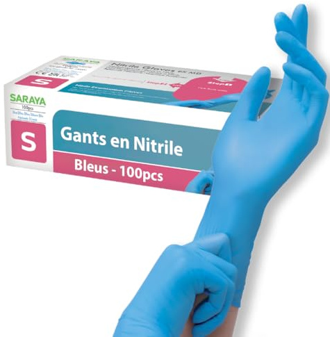 SARAYA Lot de Gants Nitrile - Bleus - Taille S - Sans Latex - Non Poudré - Grande Élasticité - Ajustement Optimal - Doigts Anti-Dérapants - Haute Résistance - Gants Jetables (1, S)