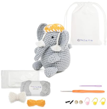 The loop story Häkelset Tiere Elephant Crochet kit mit Video-Kurs (Schritt für Schritt auf Englisch) – Häkel set für Anfänger & fortgeschrittene Erwachsene – mit Garn, Häkelnadel & Zubehör