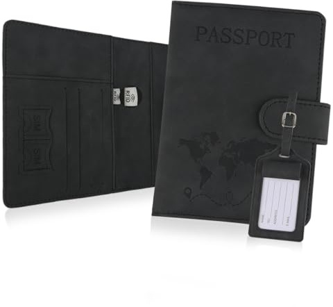 Gzxhsy Reisepasshülle und Kofferanhänger Set, Passport Cover mit Koffer Anhänger, Hülle Reisepass mit RFID-Blocker für Reisepass Kreditkarten Personalausweise Reisedokumente, Urlaub Gadget (Schwarz)